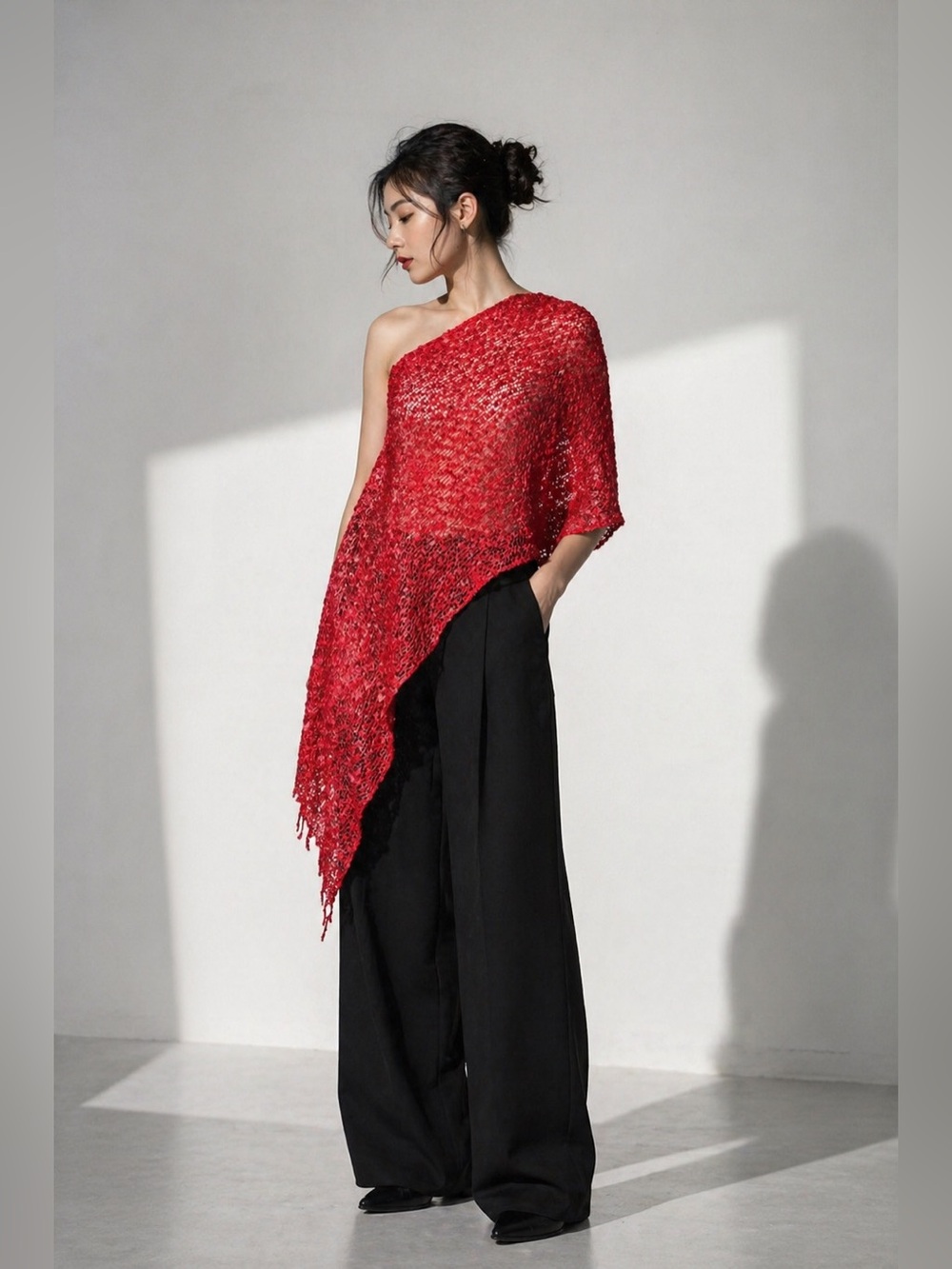 Red Open Knit Asymmetrical poncho Wrap Lightweight Statement Layer